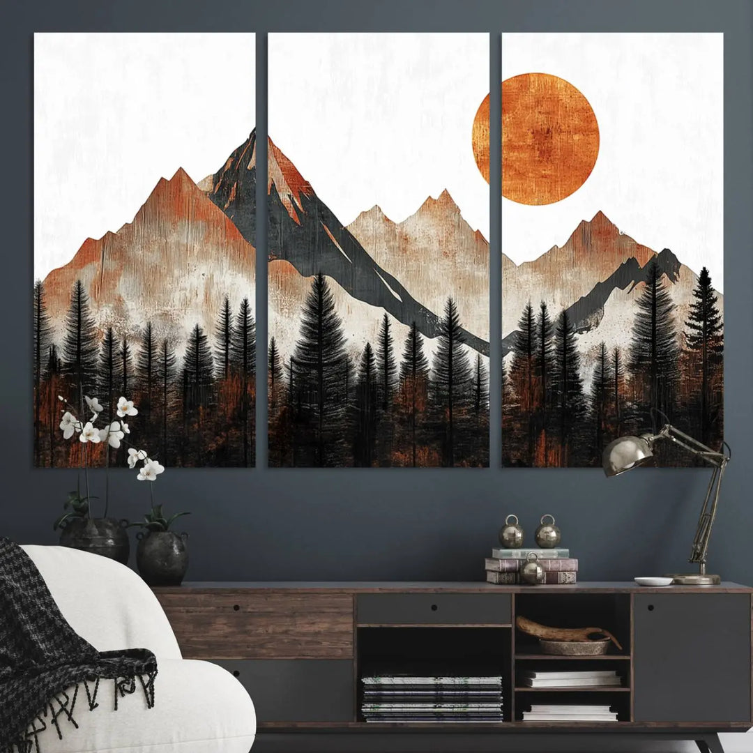 Modern Abstract Mountain Canvas Wall Art Print - Bold Landscape for Living Room, Office, or Bedroom, Rustic Sun and Mountains Design, Ready to Hang