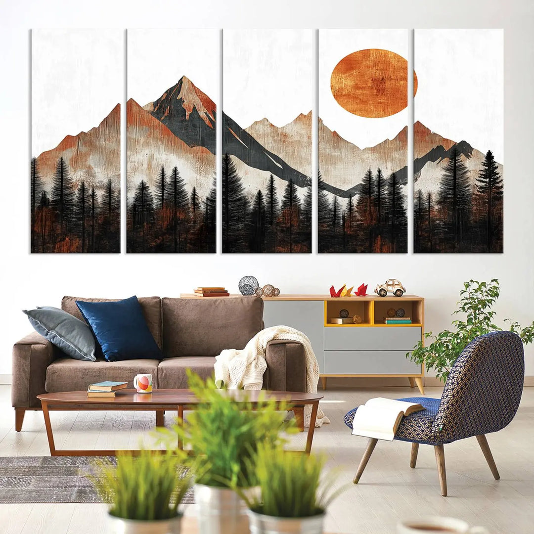 Modern Abstract Mountain Canvas Wall Art Print - Bold Landscape for Living Room, Office, or Bedroom, Rustic Sun and Mountains Design, Ready to Hang