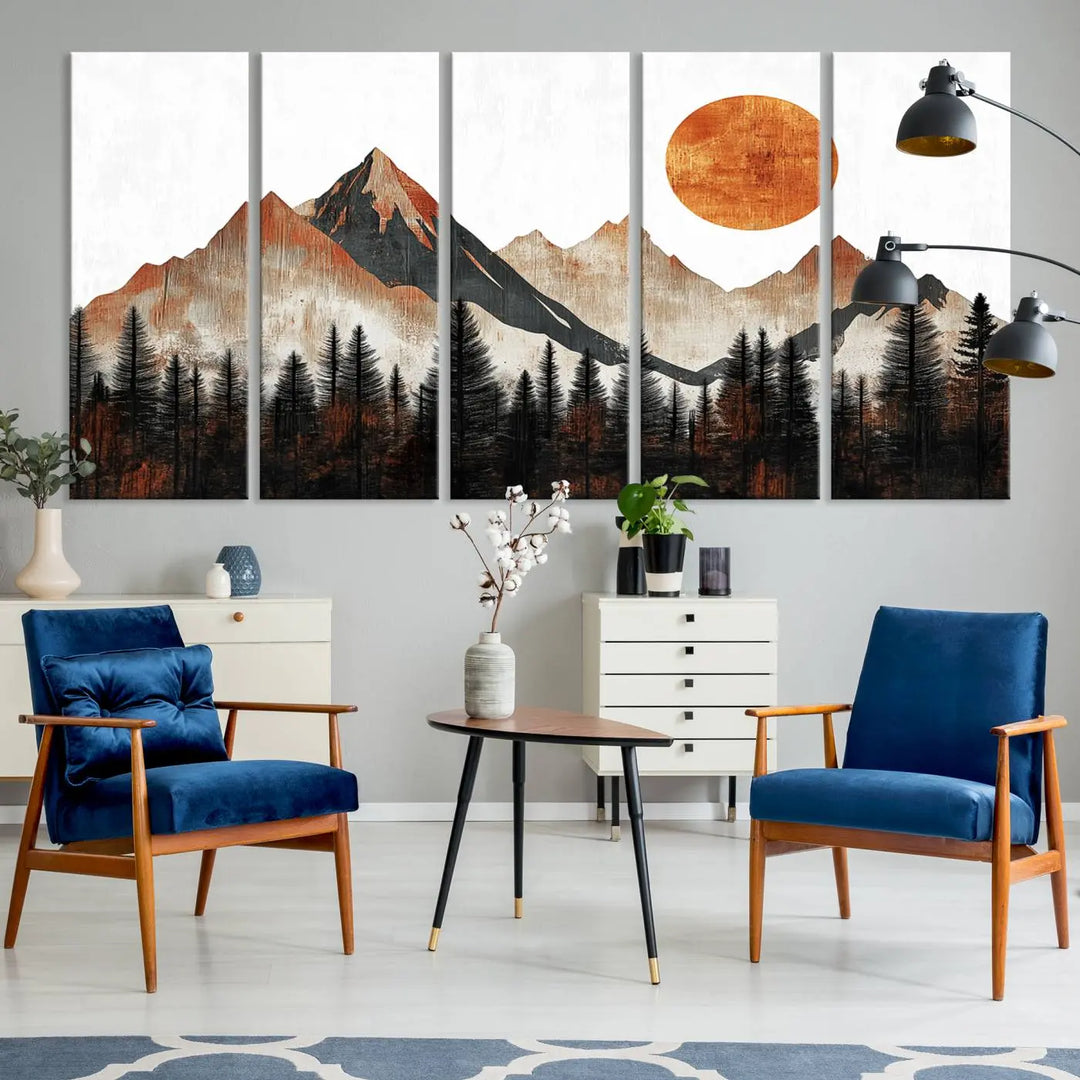 Modern Abstract Mountain Canvas Wall Art Print - Bold Landscape for Living Room, Office, or Bedroom, Rustic Sun and Mountains Design, Ready to Hang