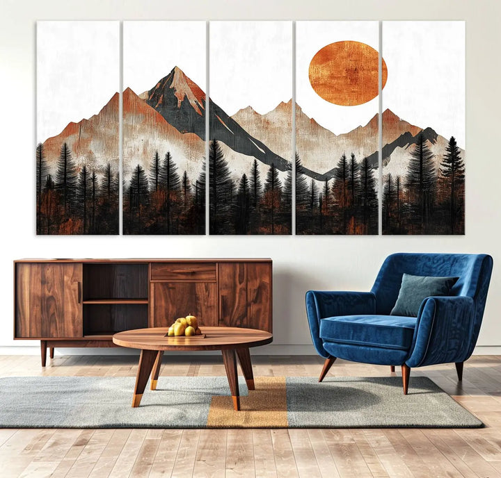 Modern Abstract Mountain Canvas Wall Art Print - Bold Landscape for Living Room, Office, or Bedroom, Rustic Sun and Mountains Design, Ready to Hang