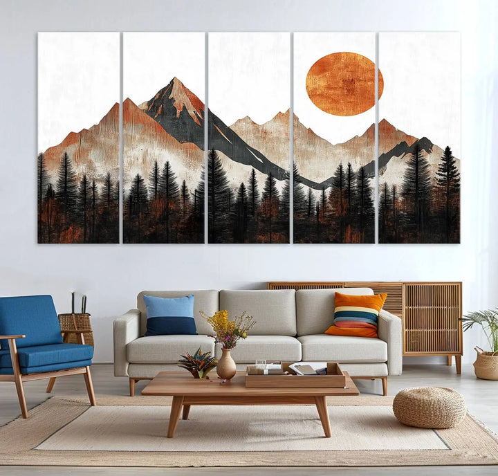 Modern Abstract Mountain Canvas Wall Art Print - Bold Landscape for Living Room, Office, or Bedroom, Rustic Sun and Mountains Design, Ready to Hang