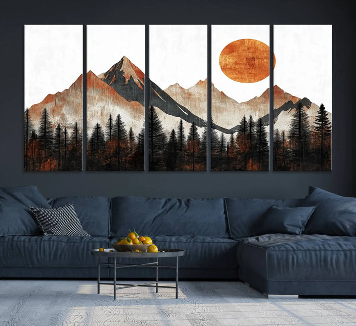 Modern Abstract Mountain Canvas Wall Art Print - Bold Landscape for Living Room, Office, or Bedroom, Rustic Sun and Mountains Design, Ready to Hang