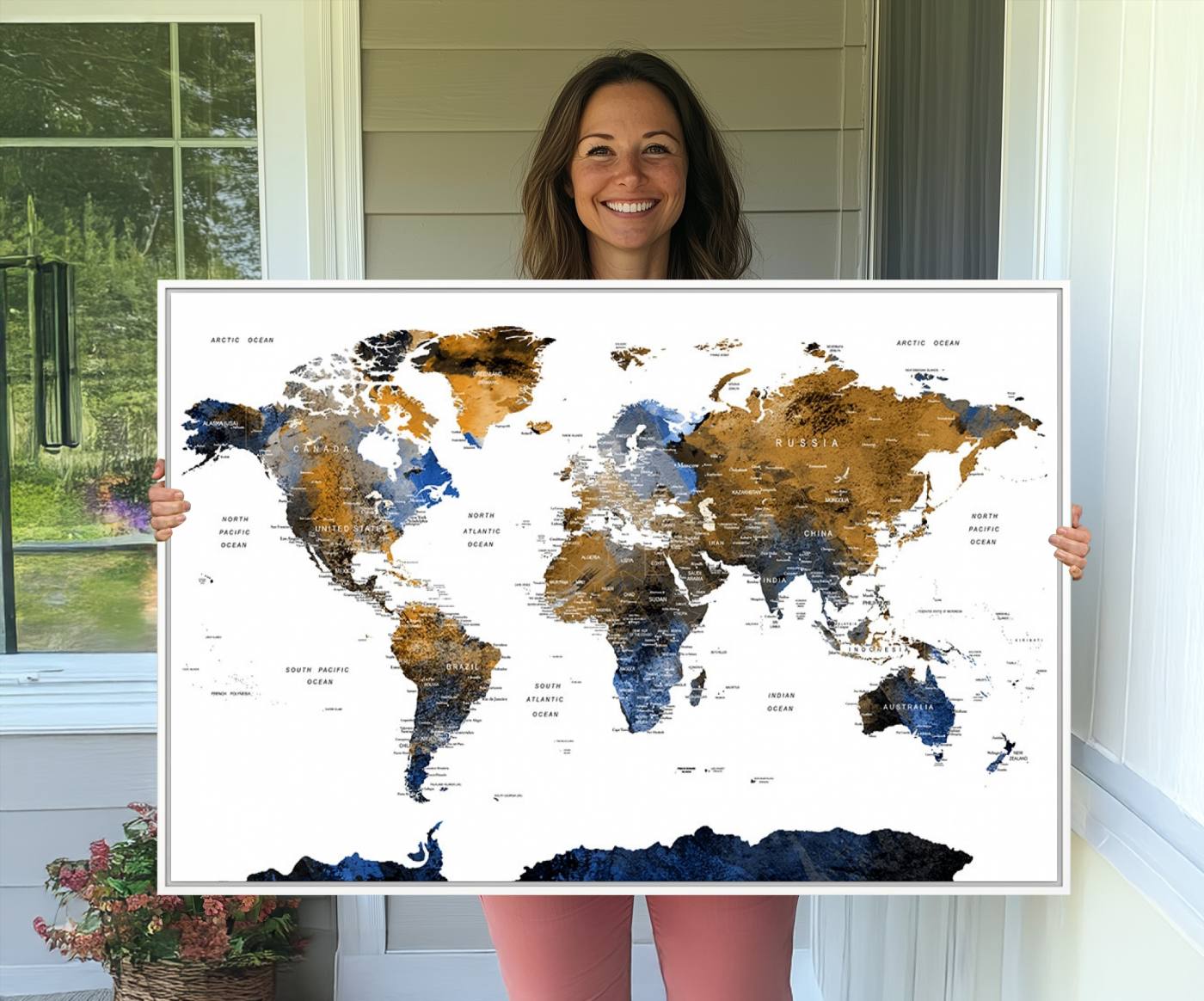 32677-MGV-CV-36X24-Modern Blue and Brown World Map Canvas Wall Art – Triptych Map Print – Global Decor for Living Room or Office – Ready to Hang