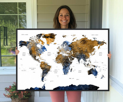 32677-MGV-CV-36X24-Modern Blue and Brown World Map Canvas Wall Art – Triptych Map Print – Global Decor for Living Room or Office – Ready to Hang