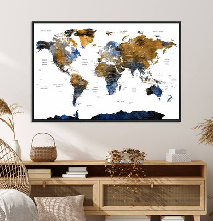32677-MGV-CV-36X24-Modern Blue and Brown World Map Canvas Wall Art – Triptych Map Print – Global Decor for Living Room or Office – Ready to Hang