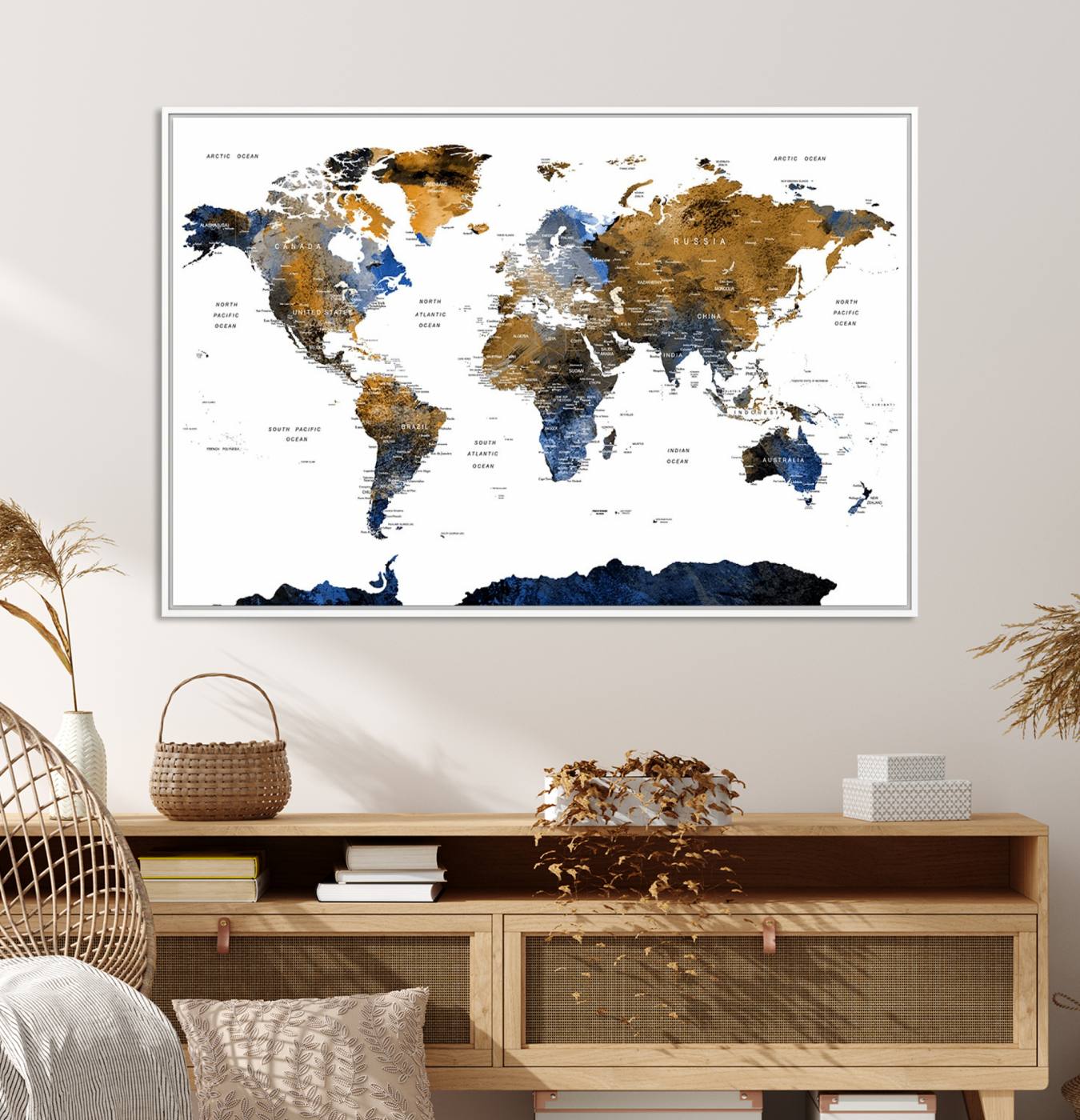 32677-MGV-CV-36X24-Modern Blue and Brown World Map Canvas Wall Art – Triptych Map Print – Global Decor for Living Room or Office – Ready to Hang
