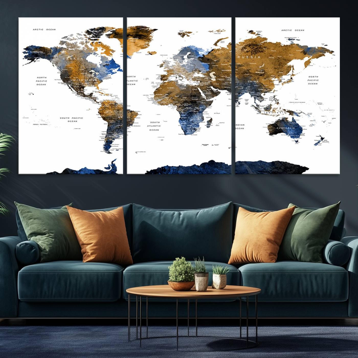 32677-MGV-CV-36X24-Modern Blue and Brown World Map Canvas Wall Art – Triptych Map Print – Global Decor for Living Room or Office – Ready to Hang