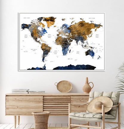 32677-MGV-CV-36X24-Modern Blue and Brown World Map Canvas Wall Art – Triptych Map Print – Global Decor for Living Room or Office – Ready to Hang