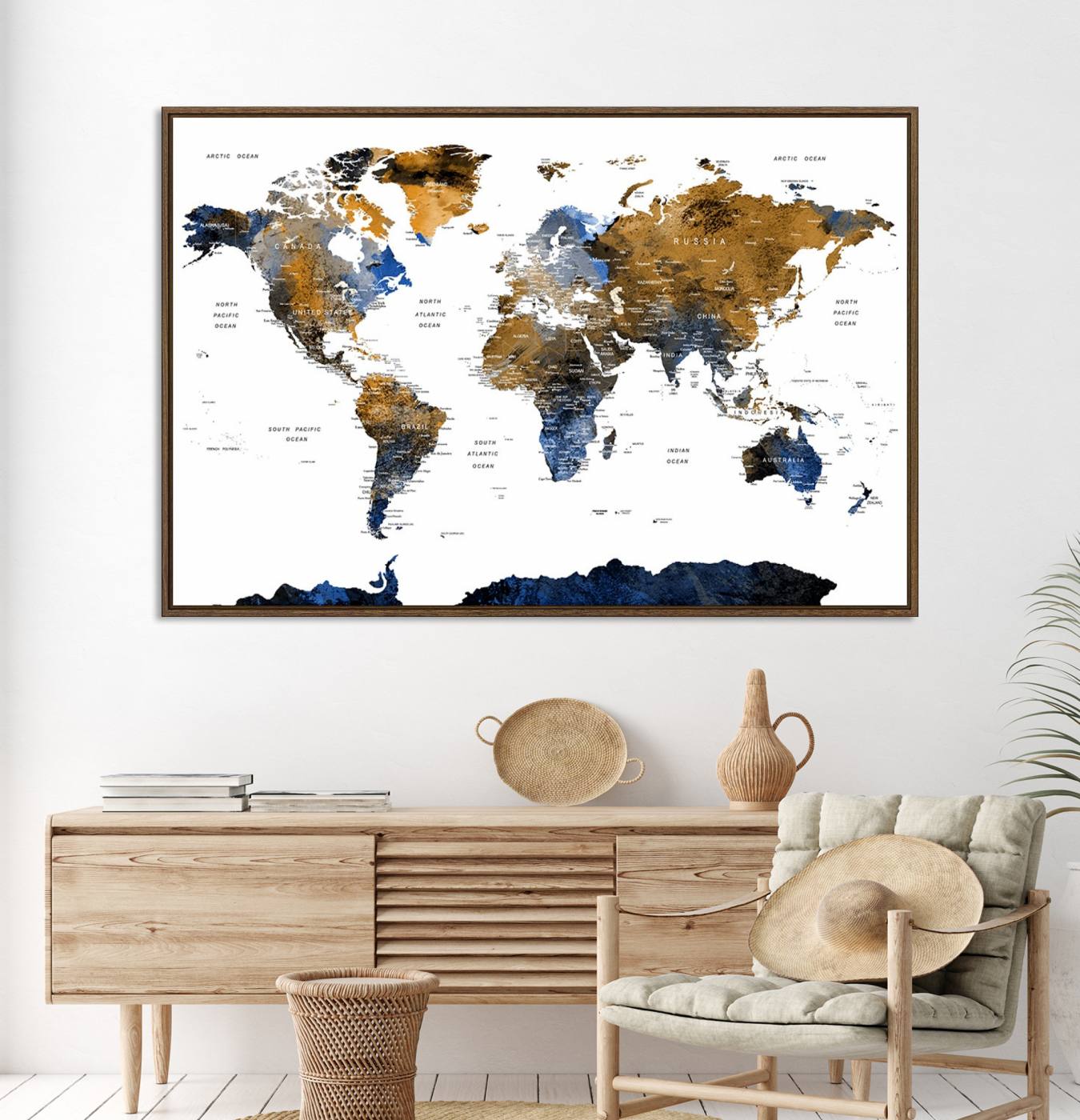 32677-MGV-CV-36X24-Modern Blue and Brown World Map Canvas Wall Art – Triptych Map Print – Global Decor for Living Room or Office – Ready to Hang