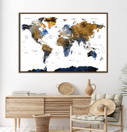 32677-MGV-CV-36X24-Modern Blue and Brown World Map Canvas Wall Art – Triptych Map Print – Global Decor for Living Room or Office – Ready to Hang