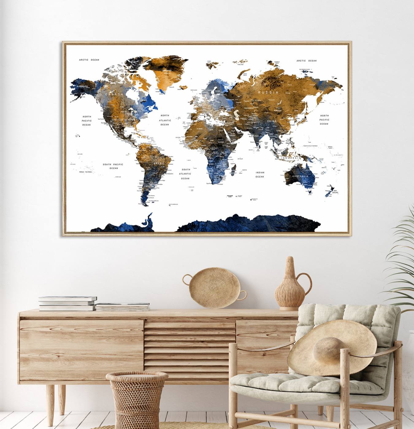 32677-MGV-CV-36X24-Modern Blue and Brown World Map Canvas Wall Art – Triptych Map Print – Global Decor for Living Room or Office – Ready to Hang