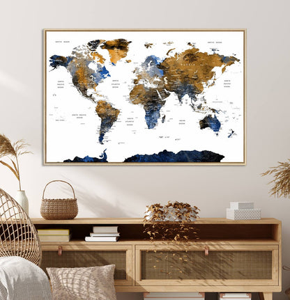 32677-MGV-CV-36X24-Modern Blue and Brown World Map Canvas Wall Art – Triptych Map Print – Global Decor for Living Room or Office – Ready to Hang