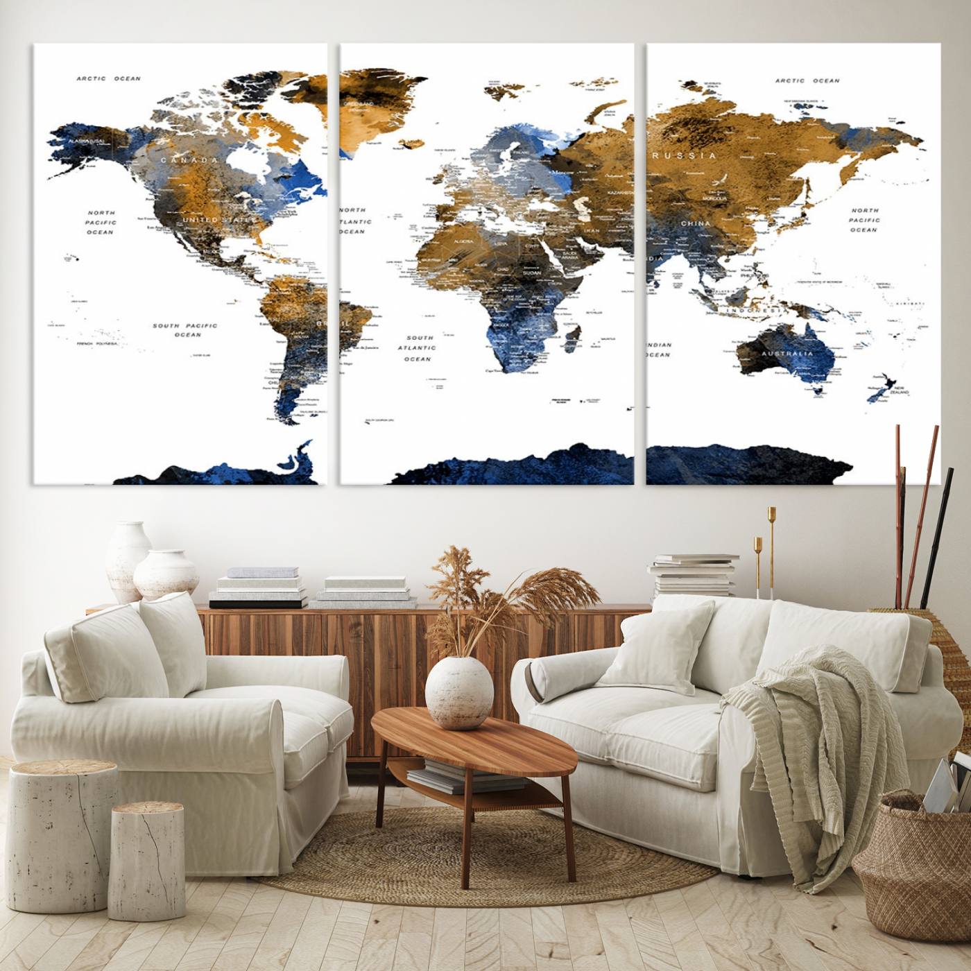 32677-MGV-CV-36X24-Modern Blue and Brown World Map Canvas Wall Art – Triptych Map Print – Global Decor for Living Room or Office – Ready to Hang