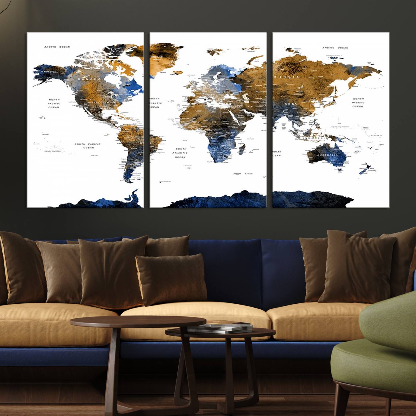 32677-MGV-CV-36X24-Modern Blue and Brown World Map Canvas Wall Art – Triptych Map Print – Global Decor for Living Room or Office – Ready to Hang