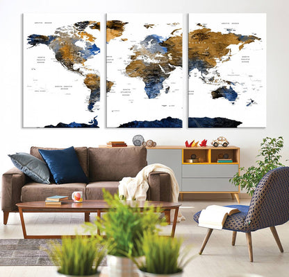 32677-MGV-CV-36X24-Modern Blue and Brown World Map Canvas Wall Art – Triptych Map Print – Global Decor for Living Room or Office – Ready to Hang