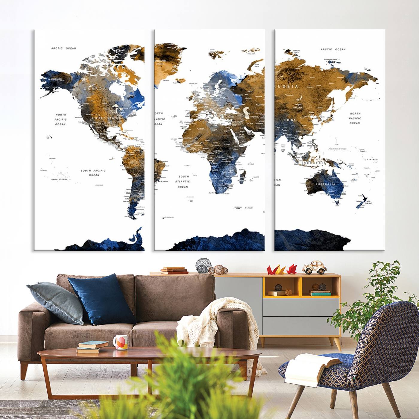 32677-MGV-CV-36X24-Modern Blue and Brown World Map Canvas Wall Art – Triptych Map Print – Global Decor for Living Room or Office – Ready to Hang