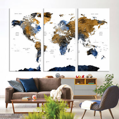 32677-MGV-CV-36X24-Modern Blue and Brown World Map Canvas Wall Art – Triptych Map Print – Global Decor for Living Room or Office – Ready to Hang