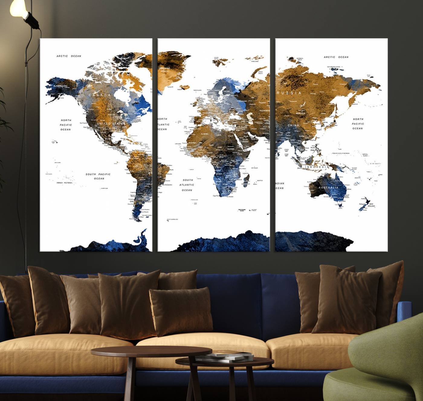 32677-MGV-CV-36X24-Modern Blue and Brown World Map Canvas Wall Art – Triptych Map Print – Global Decor for Living Room or Office – Ready to Hang
