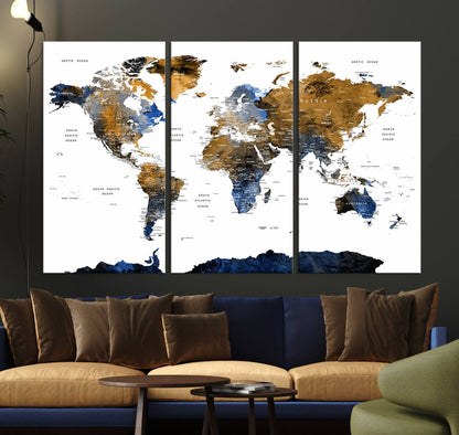 32677-MGV-CV-36X24-Modern Blue and Brown World Map Canvas Wall Art – Triptych Map Print – Global Decor for Living Room or Office – Ready to Hang