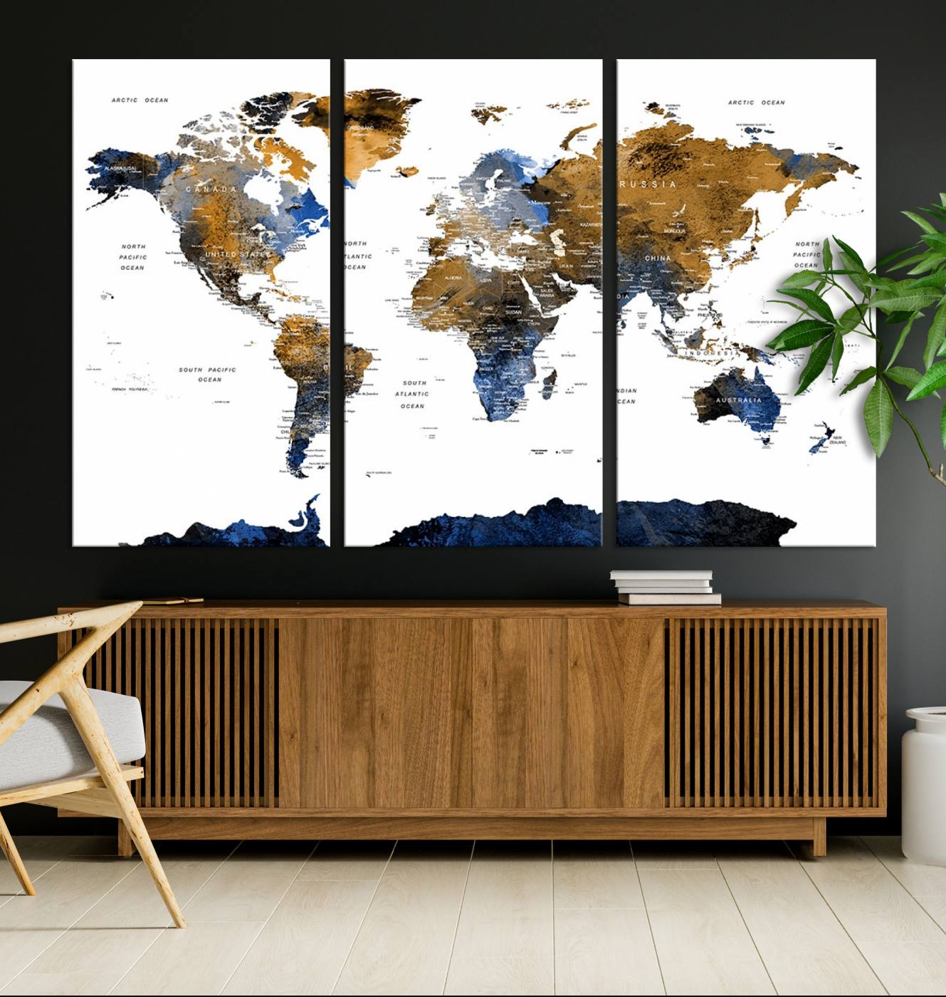 32677-MGV-CV-36X24-Modern Blue and Brown World Map Canvas Wall Art – Triptych Map Print – Global Decor for Living Room or Office – Ready to Hang
