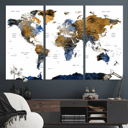 32677-MGV-CV-36X24-Modern Blue and Brown World Map Canvas Wall Art – Triptych Map Print – Global Decor for Living Room or Office – Ready to Hang