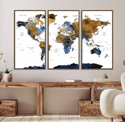32677-MGV-CV-36X24-Modern Blue and Brown World Map Canvas Wall Art – Triptych Map Print – Global Decor for Living Room or Office – Ready to Hang