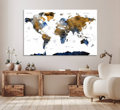 32677-MGV-CV-36X24-Modern Blue and Brown World Map Canvas Wall Art – Triptych Map Print – Global Decor for Living Room or Office – Ready to Hang