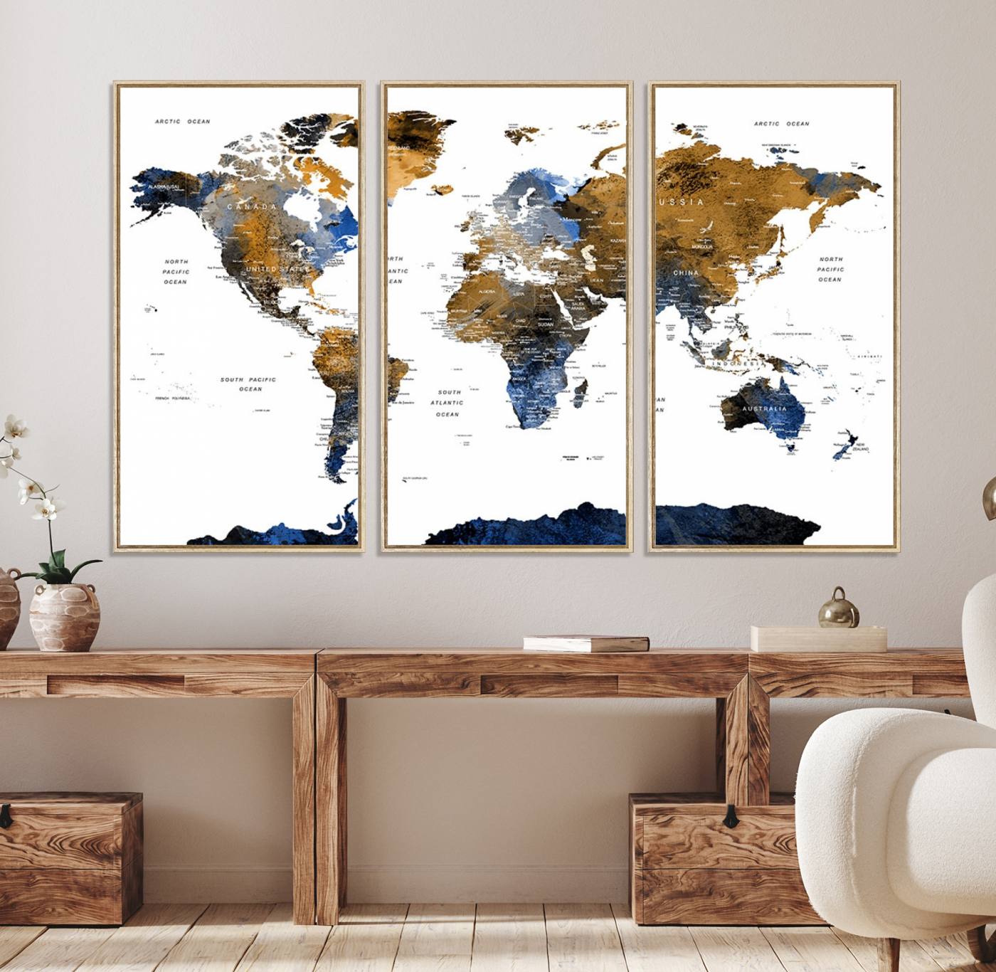32677-MGV-CV-36X24-Modern Blue and Brown World Map Canvas Wall Art – Triptych Map Print – Global Decor for Living Room or Office – Ready to Hang