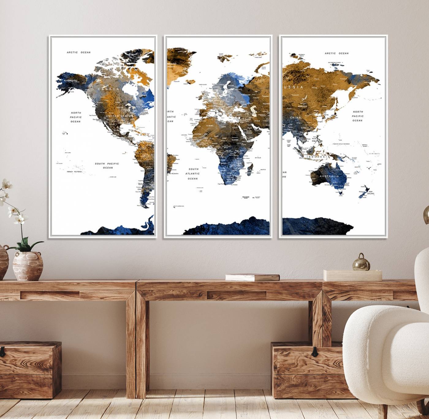 32677-MGV-CV-36X24-Modern Blue and Brown World Map Canvas Wall Art – Triptych Map Print – Global Decor for Living Room or Office – Ready to Hang