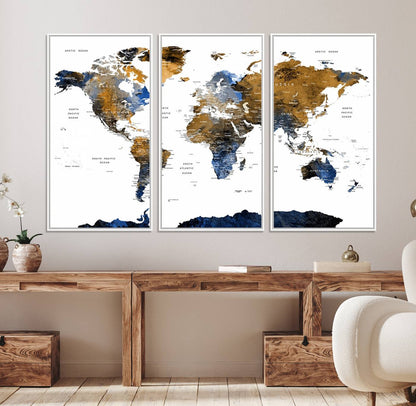32677-MGV-CV-36X24-Modern Blue and Brown World Map Canvas Wall Art – Triptych Map Print – Global Decor for Living Room or Office – Ready to Hang