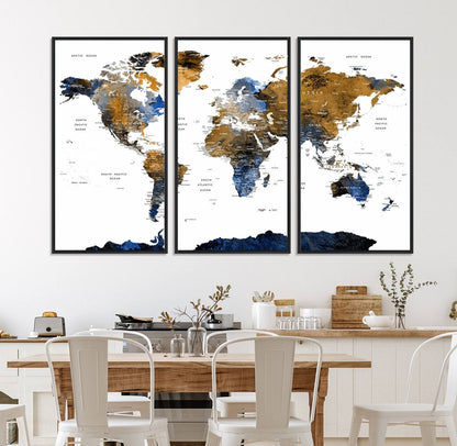 32677-MGV-CV-36X24-Modern Blue and Brown World Map Canvas Wall Art – Triptych Map Print – Global Decor for Living Room or Office – Ready to Hang