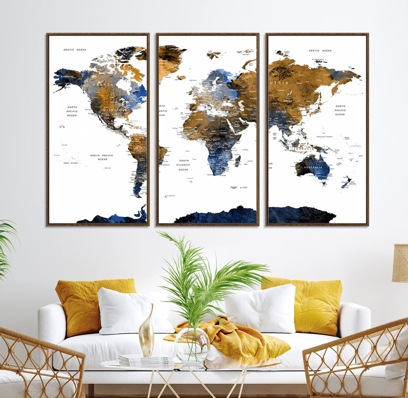 32677-MGV-CV-36X24-Modern Blue and Brown World Map Canvas Wall Art – Triptych Map Print – Global Decor for Living Room or Office – Ready to Hang