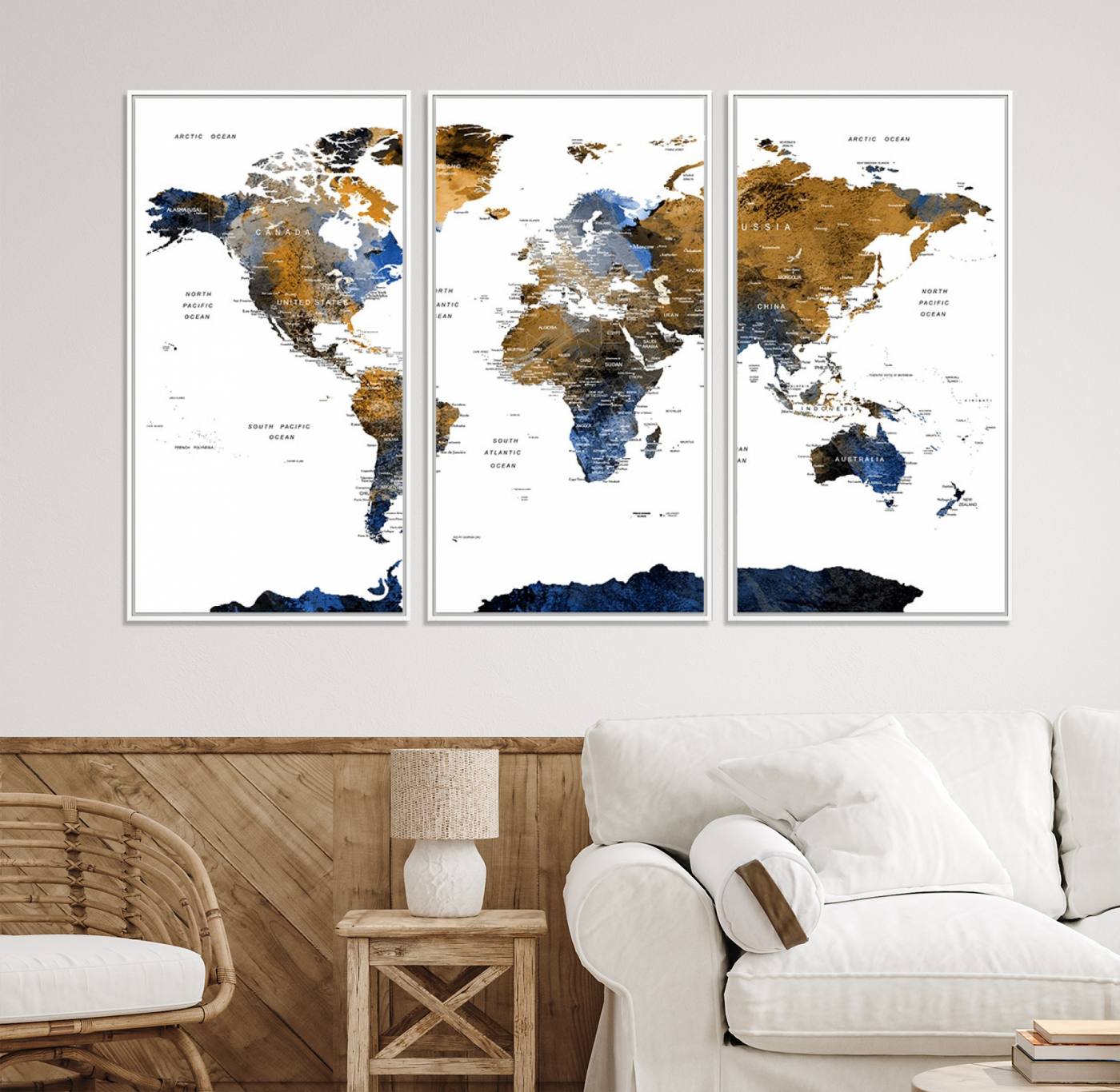 32677-MGV-CV-36X24-Modern Blue and Brown World Map Canvas Wall Art – Triptych Map Print – Global Decor for Living Room or Office – Ready to Hang