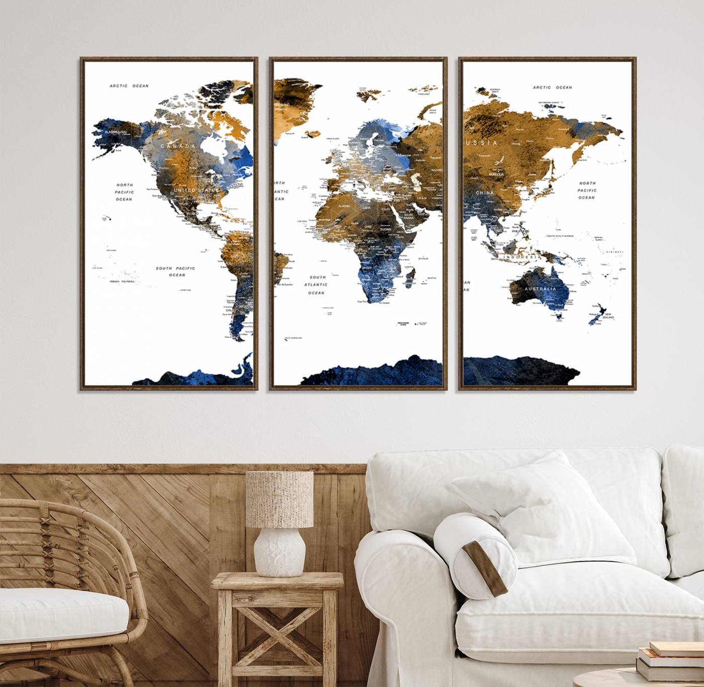 32677-MGV-CV-36X24-Modern Blue and Brown World Map Canvas Wall Art – Triptych Map Print – Global Decor for Living Room or Office – Ready to Hang