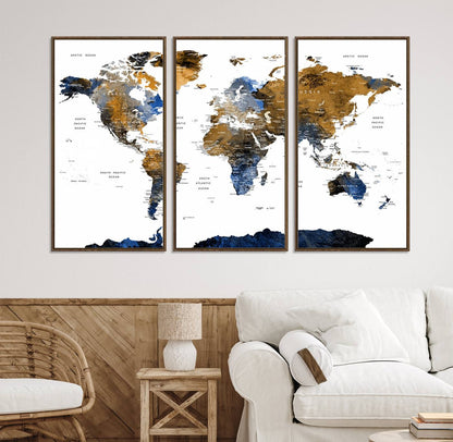 32677-MGV-CV-36X24-Modern Blue and Brown World Map Canvas Wall Art – Triptych Map Print – Global Decor for Living Room or Office – Ready to Hang