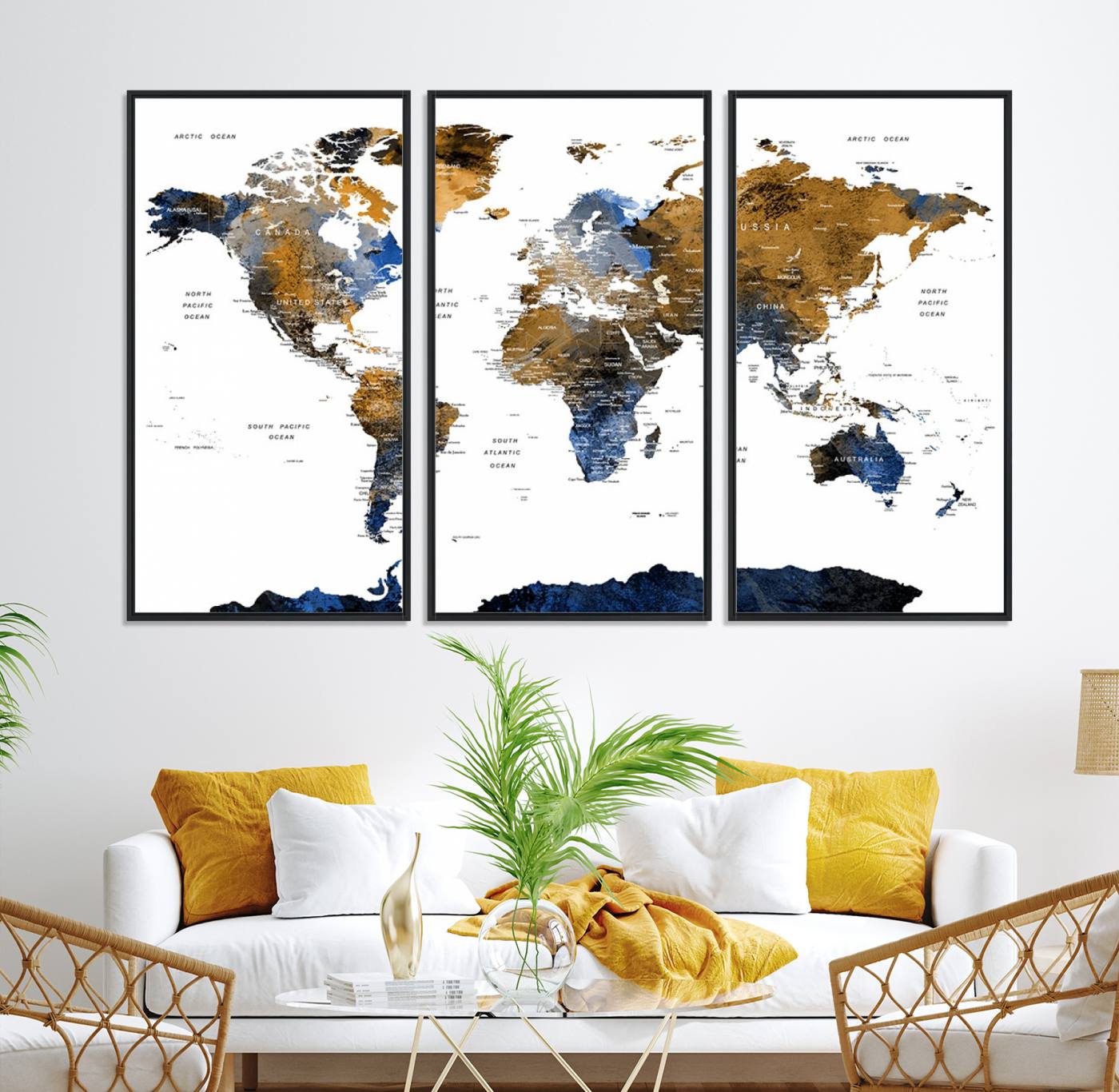 32677-MGV-CV-36X24-Modern Blue and Brown World Map Canvas Wall Art – Triptych Map Print – Global Decor for Living Room or Office – Ready to Hang