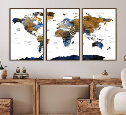 32677-MGV-CV-36X24-Modern Blue and Brown World Map Canvas Wall Art – Triptych Map Print – Global Decor for Living Room or Office – Ready to Hang