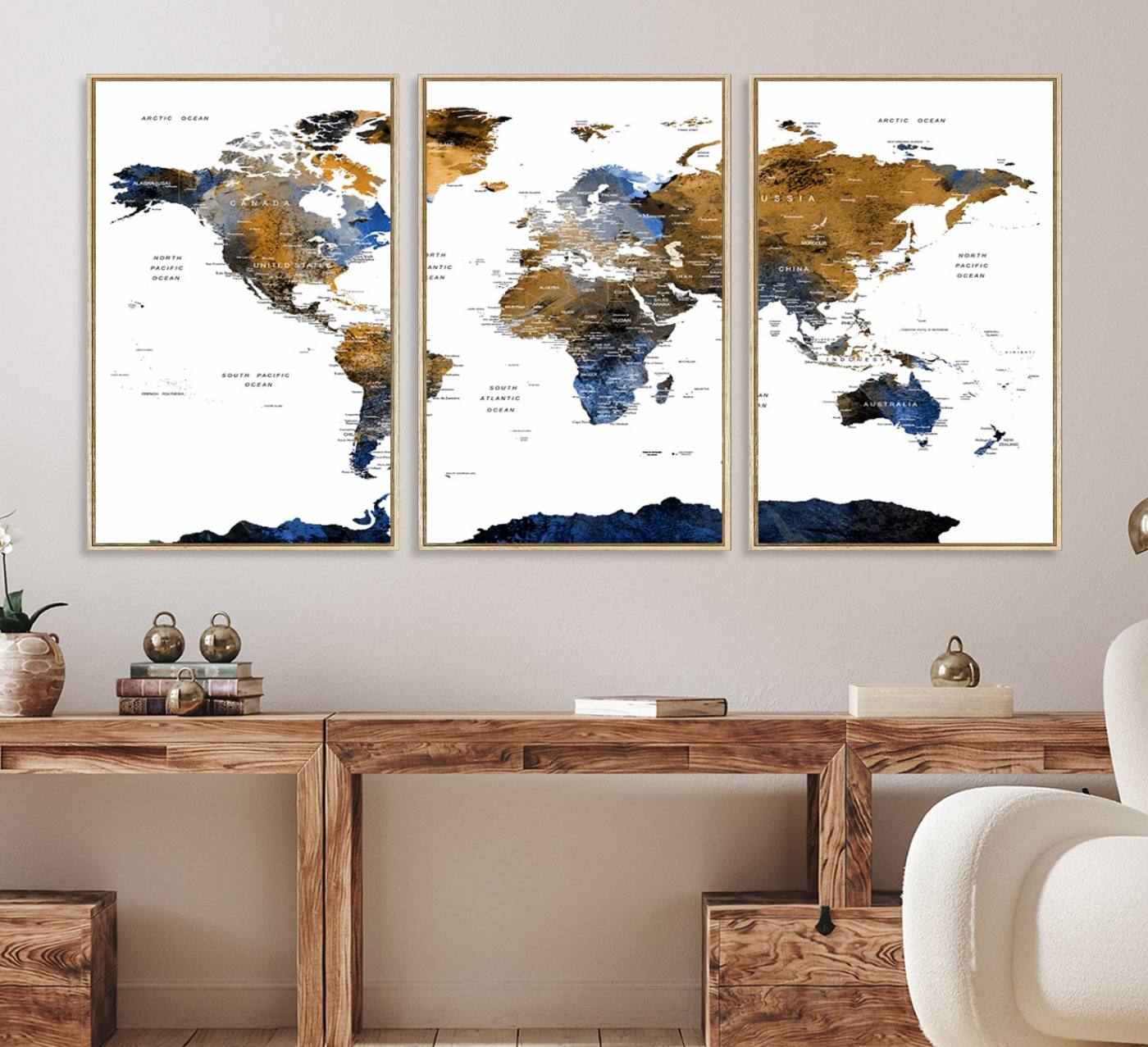 32677-MGV-CV-36X24-Modern Blue and Brown World Map Canvas Wall Art – Triptych Map Print – Global Decor for Living Room or Office – Ready to Hang