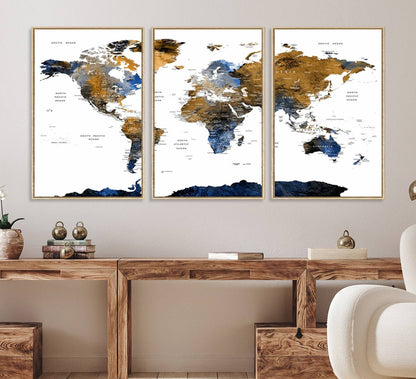 32677-MGV-CV-36X24-Modern Blue and Brown World Map Canvas Wall Art – Triptych Map Print – Global Decor for Living Room or Office – Ready to Hang