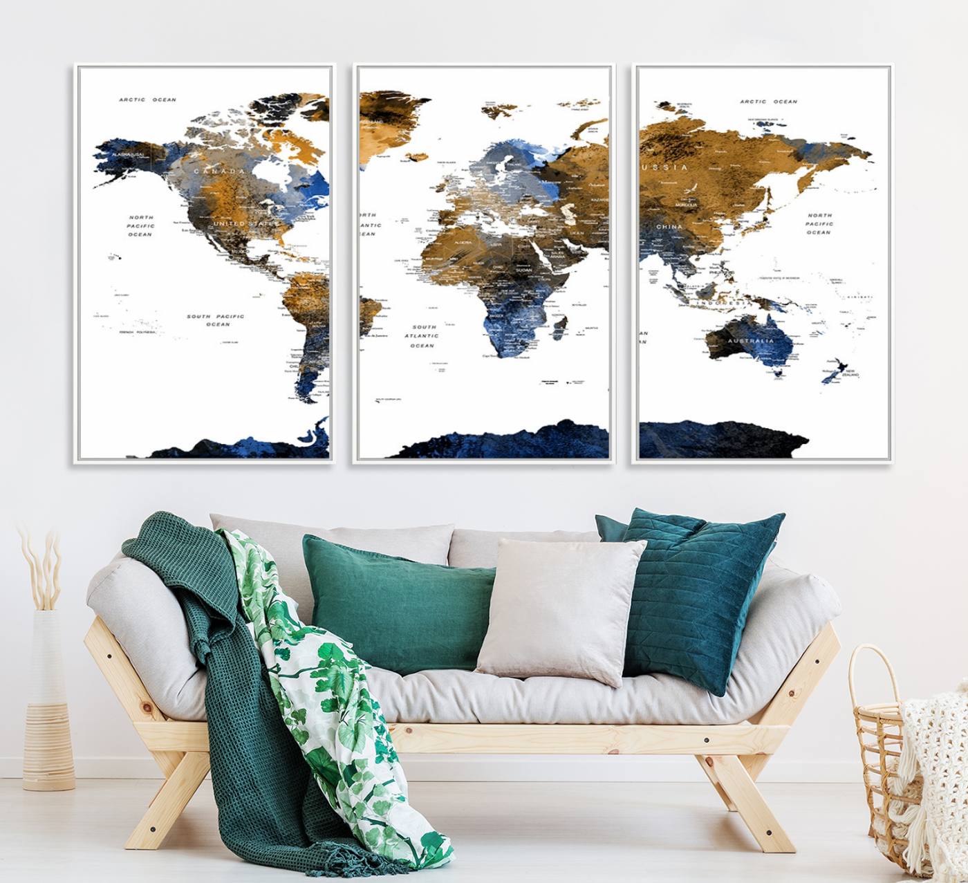 32677-MGV-CV-36X24-Modern Blue and Brown World Map Canvas Wall Art – Triptych Map Print – Global Decor for Living Room or Office – Ready to Hang