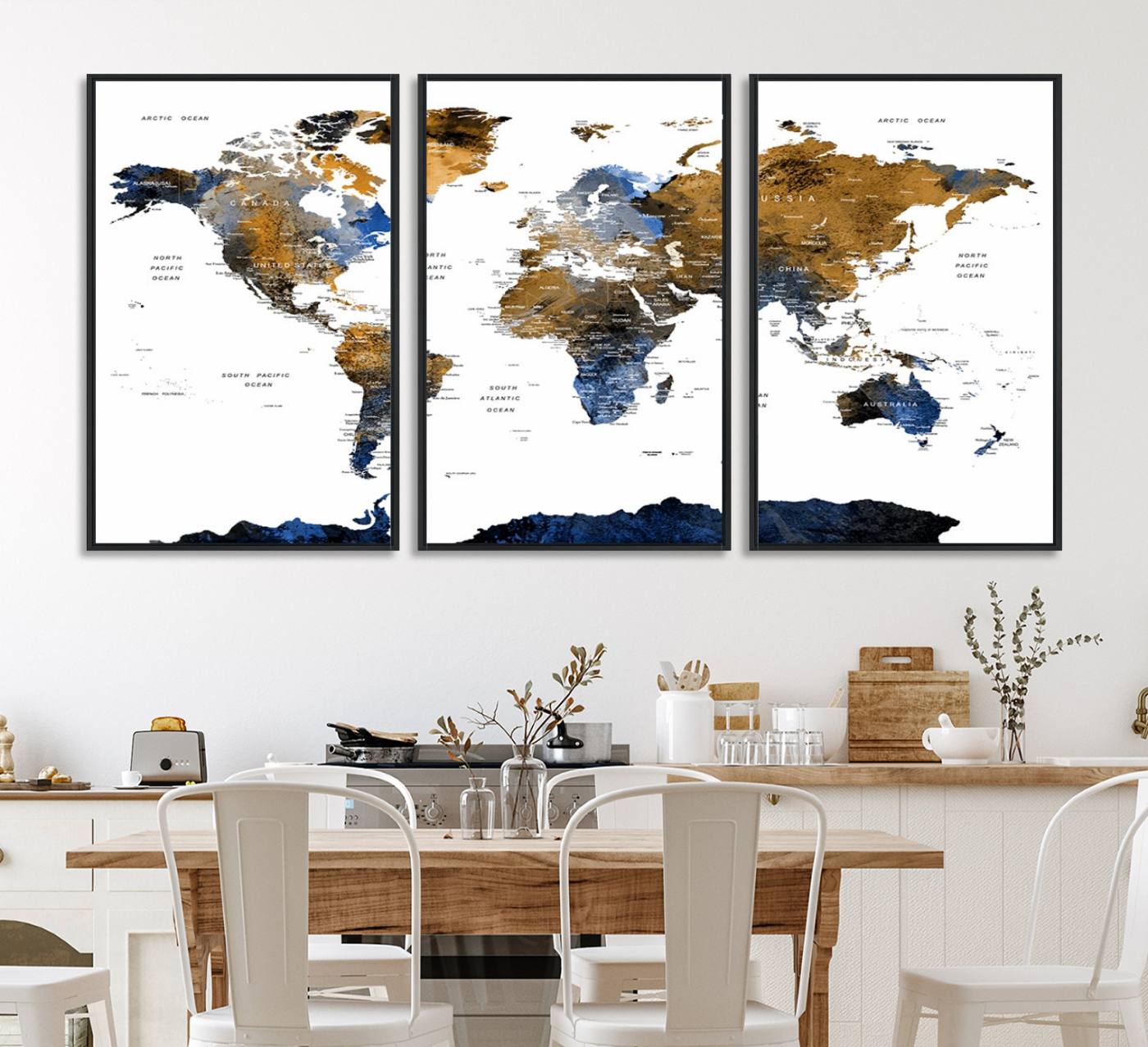 32677-MGV-CV-36X24-Modern Blue and Brown World Map Canvas Wall Art – Triptych Map Print – Global Decor for Living Room or Office – Ready to Hang