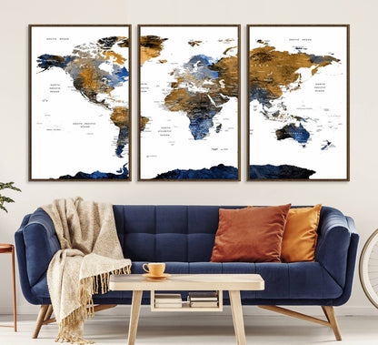 32677-MGV-CV-36X24-Modern Blue and Brown World Map Canvas Wall Art – Triptych Map Print – Global Decor for Living Room or Office – Ready to Hang
