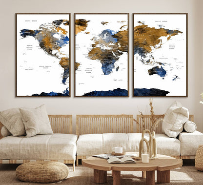 32677-MGV-CV-36X24-Modern Blue and Brown World Map Canvas Wall Art – Triptych Map Print – Global Decor for Living Room or Office – Ready to Hang