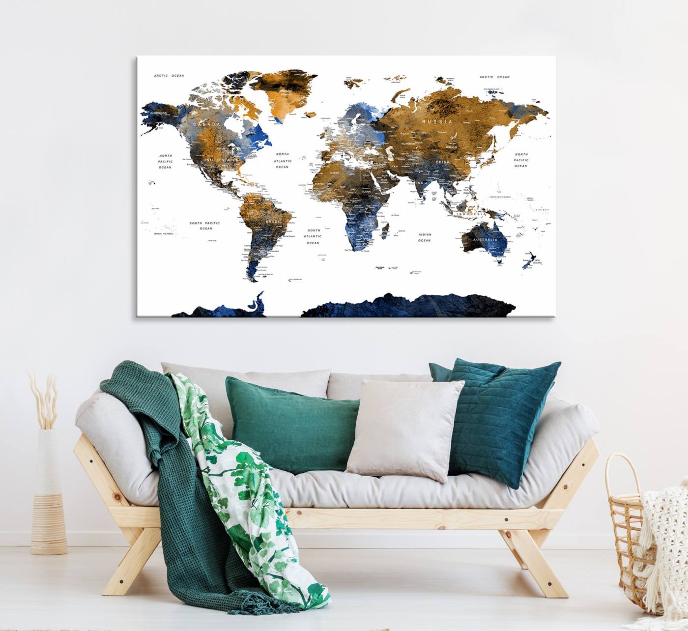 32677-MGV-CV-36X24-Modern Blue and Brown World Map Canvas Wall Art – Triptych Map Print – Global Decor for Living Room or Office – Ready to Hang