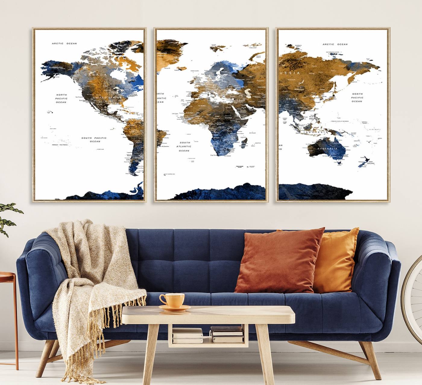 32677-MGV-CV-36X24-Modern Blue and Brown World Map Canvas Wall Art – Triptych Map Print – Global Decor for Living Room or Office – Ready to Hang