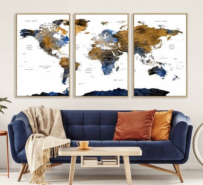32677-MGV-CV-36X24-Modern Blue and Brown World Map Canvas Wall Art – Triptych Map Print – Global Decor for Living Room or Office – Ready to Hang