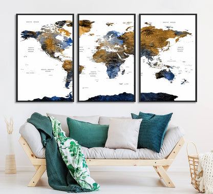 32677-MGV-CV-36X24-Modern Blue and Brown World Map Canvas Wall Art – Triptych Map Print – Global Decor for Living Room or Office – Ready to Hang