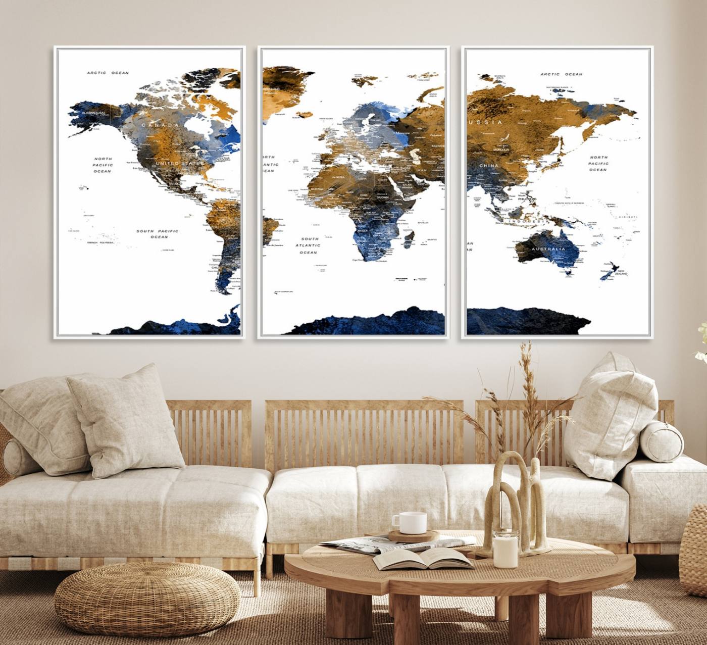 32677-MGV-CV-36X24-Modern Blue and Brown World Map Canvas Wall Art – Triptych Map Print – Global Decor for Living Room or Office – Ready to Hang