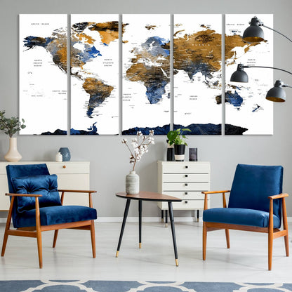 32677-MGV-CV-36X24-Modern Blue and Brown World Map Canvas Wall Art – Triptych Map Print – Global Decor for Living Room or Office – Ready to Hang