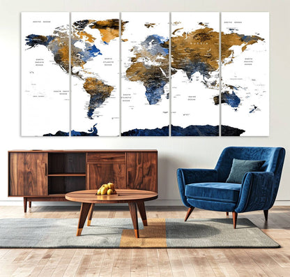 32677-MGV-CV-36X24-Modern Blue and Brown World Map Canvas Wall Art – Triptych Map Print – Global Decor for Living Room or Office – Ready to Hang